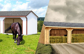 Two Horizon Structures run-in sheds used to protect horses and store hay.