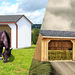 Two Horizon Structures run-in sheds used to protect horses and store hay.
