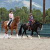 Julie Goodnight on her horse Annie teaching a student in an arena.