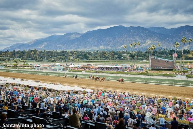 Panoramic view of racing horses and viewers at Santa Anita Race Track