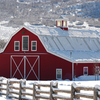 Quiet snow scene featuring a red horse barn surrounded by snowcaps on fence rails.