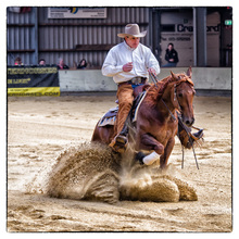 Horse and rider in a whirl of sand during a reining competition.