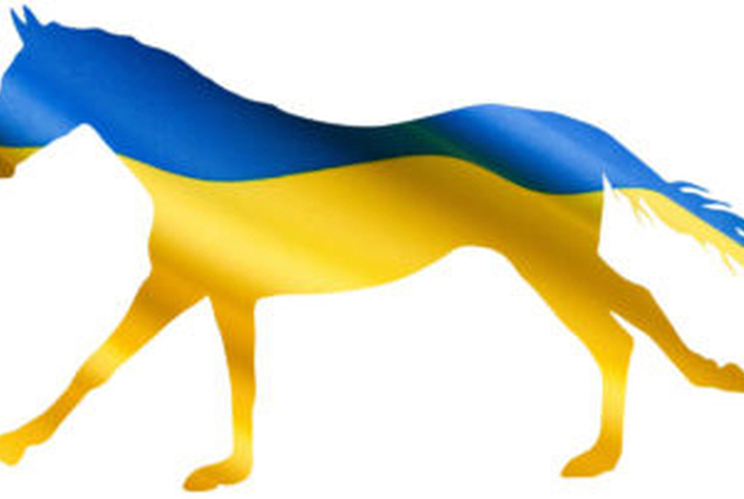 Yellow and blue horse motif representing horses in Ukraine.