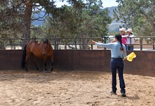 Julie Goodnight demonstrating training of a horse as two students watch.