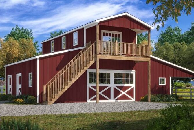 A bardominium with a center aisle barn for horses and living spaces upstairs.