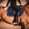 The wide leather belt going around the horse's belly.