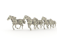 Origami horse-shaped dollar bills representing value of horse healthcare market.