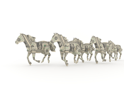 Origami dollar bill horses symbolizing the power of money in caring for horses.