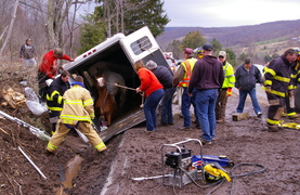 First responders to the rescue after horse trailer accident involving 3 horses.