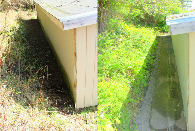 Before and after photos showing how installation of a French drain improves drainage.
