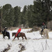 Riders on horseback making their way through a forest after a snow storm.