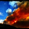 Hillside wildfire filling air with smoke.