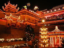 A Chinese Temple illuminated for the New Year's celebration