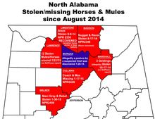 Map of Alabama Counties where horses have been stolen